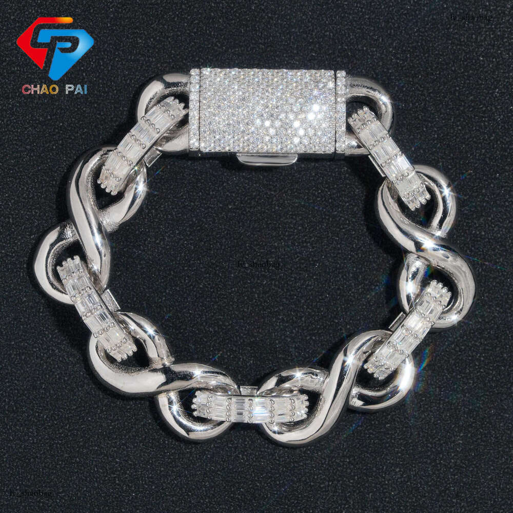 New Sier Inlaid D Color Moissanite 15mm Figure-8 Cuban Chain Men's Hip-Hop Bracelet Necklace