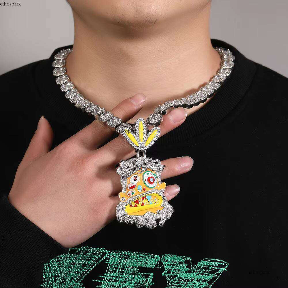 High Quality Micro Setting Dia White Gold Custom Colorful Enamel Dripping Oil Cartoon Pendant Hip Hop Rapper Jewelry