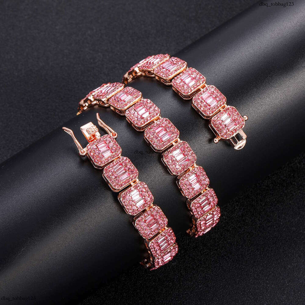Hip Hop 13mm Pink Square Round Cuban Chain Full Dia Men's Trendy Necklace