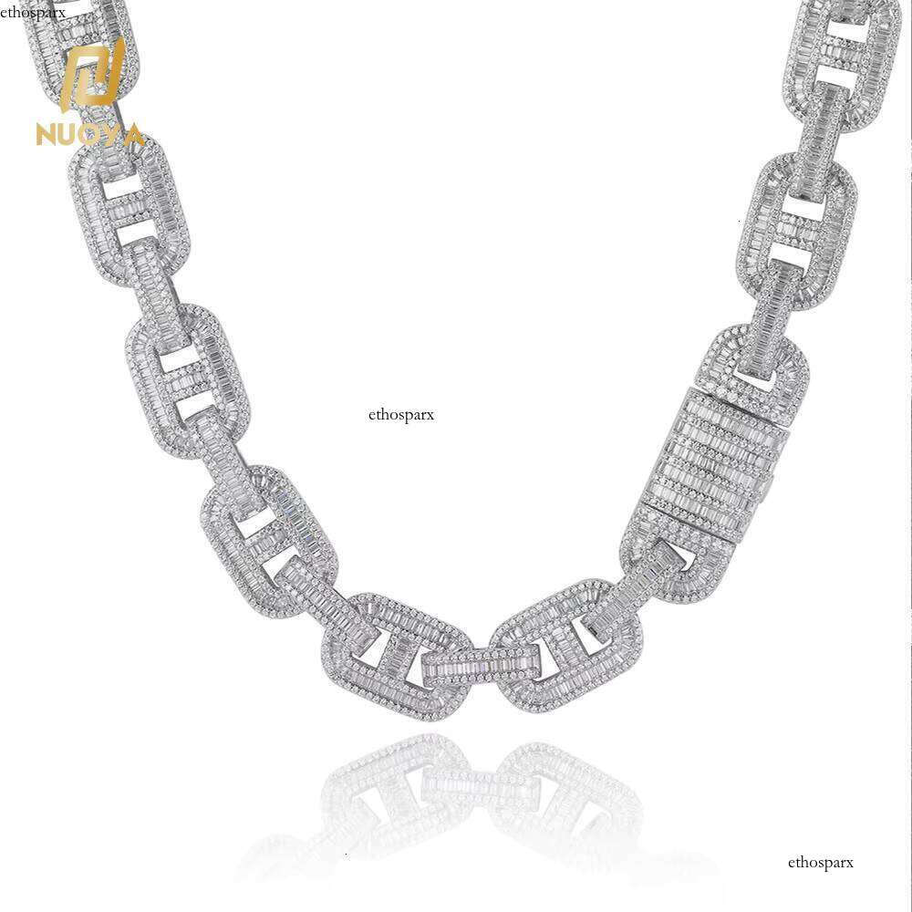 NUOYA Durable 15MM Cuban Link Chain Iced Out Bling Baguette Zircon Necklace Hip Hop Jewelry Personalized Gift