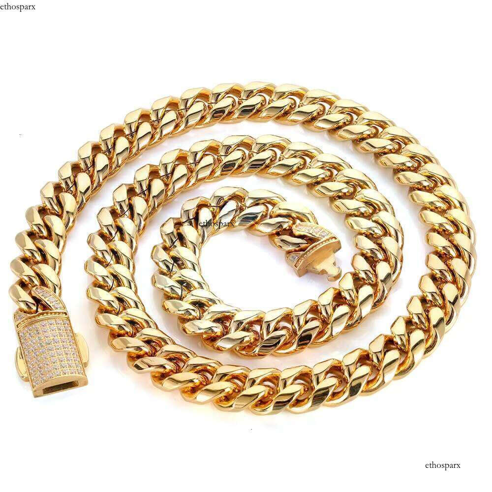 12mm HipHop Stainless Steel Miami Cuban Chain Gold Necklace for Men
