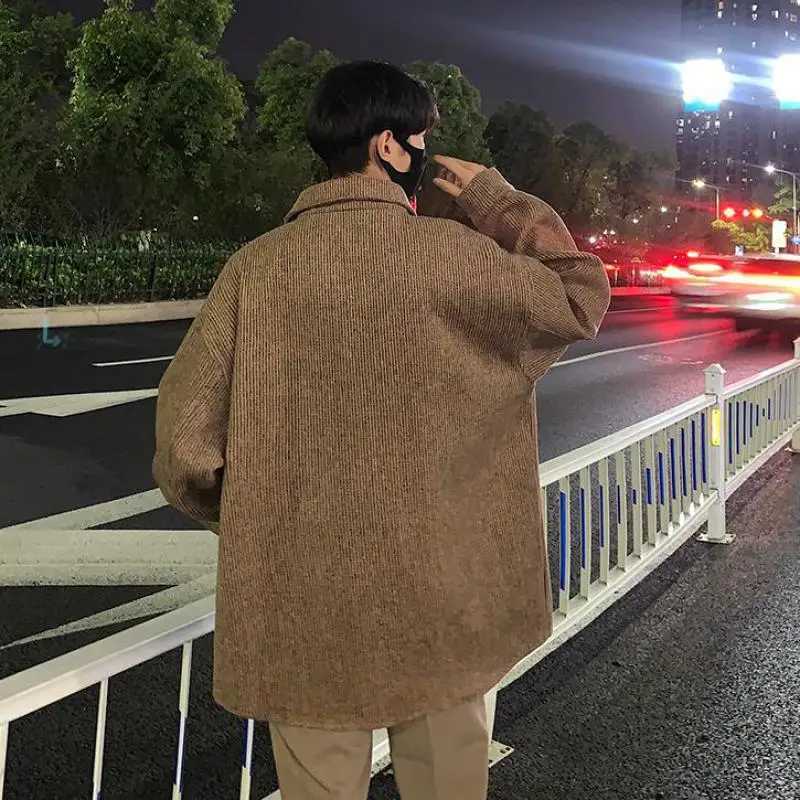 5XL Plus Size Mens Wool Lined Jacket Coat with Front Pockets Single Breasted Long Sleeve Spring Autumn Striped Clothing for MenXJ250809