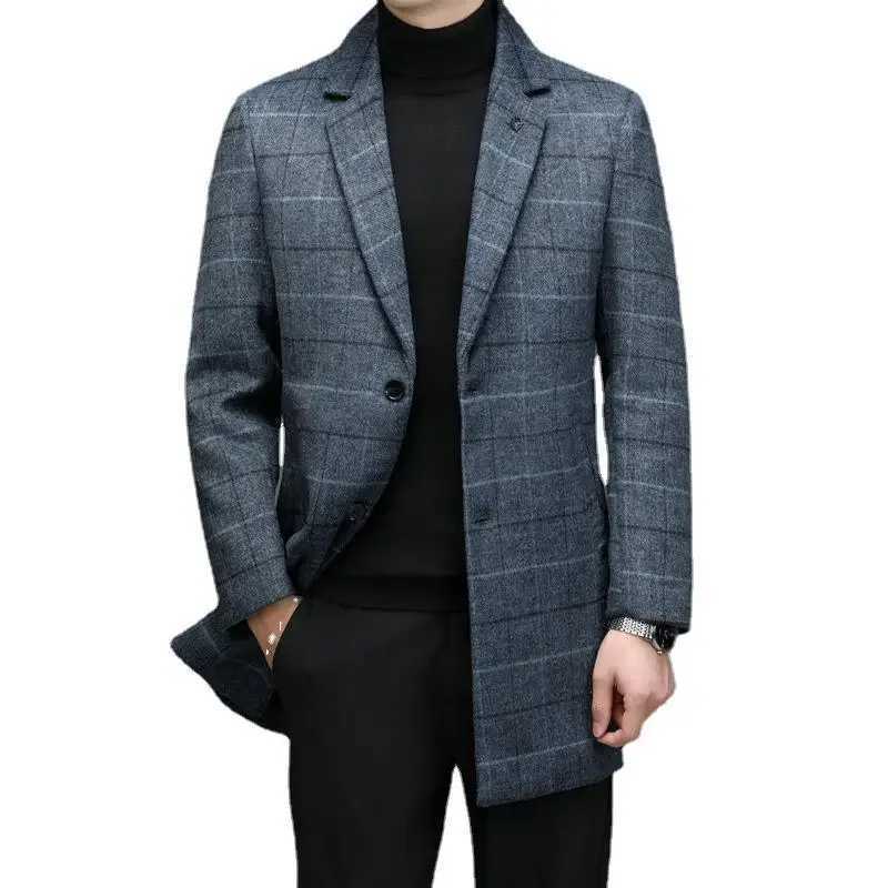 2024 Autumn/Winter New Youth Korean Checkered Medium Length Woolen Windbreaker Mens Coat XJ250809