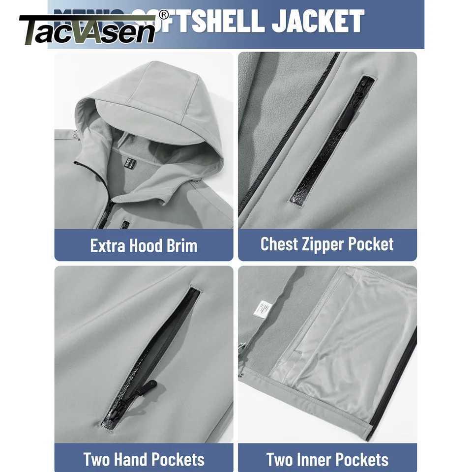 Tacvasen Hooded Softshell Jacket Mens Waterproof Rain Jacket Fleece Lined Work Jacket Outdoor Trekking Hiking Windbreaker Male W250809