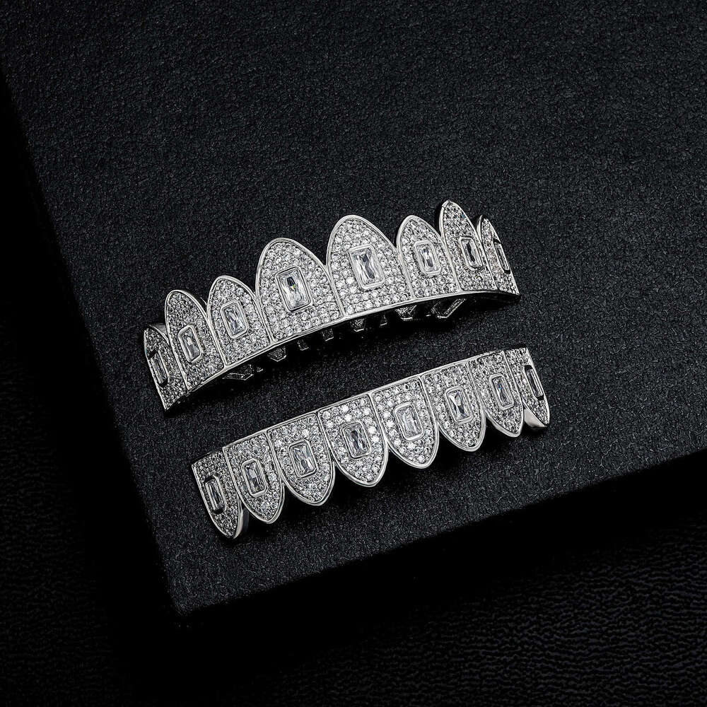 High-Quality Full Hip-Hop Set Real Plated Large Square Zircon Personality Gold Teeth Rap Accessories