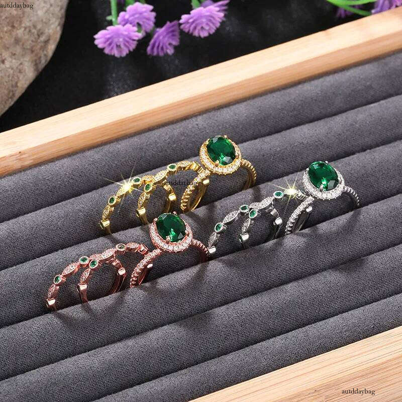 2025 Choucong 3pcs Ins Top Sell Elegant Vintage Jewelry 10KT White Rose Gold Fill Oval Cut Emerald CZ Dia Party Promise Gorgeous Women Bridal Ring Set