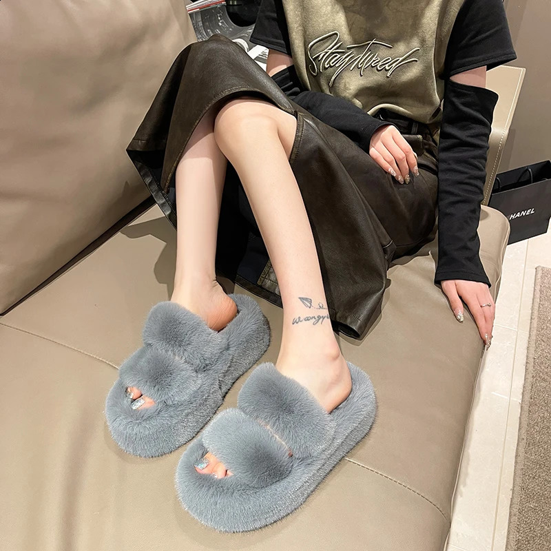 Woman Furry Ladies Fur Fluffy Plush Slipper House Soft Fuzzy Platform Indoor Casual Winter Home Warm High Heels Female 250815