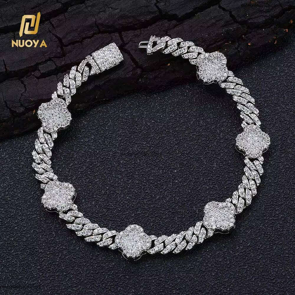 NUOYA Women 6MM Bracelet with Four Leaf Clover White Gold Plated Dia Prong Cuban Link Chain Jewelry