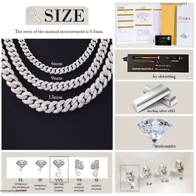 Full Ice Out 2rows 6mm 9mm 13mm Solid Sier Moissanite Cuban Link Chain Mans Hip Hop Necklace