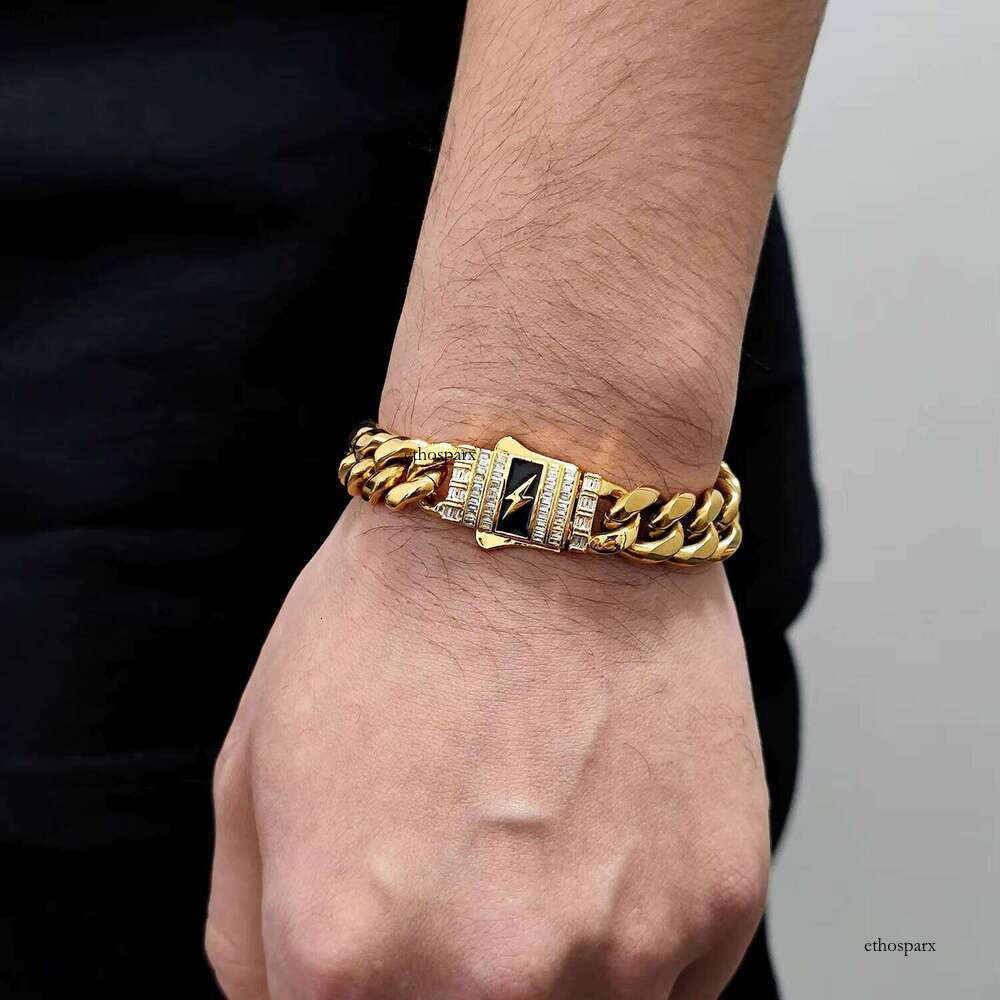Men's Miami Hip Hop Cuban Bracelet Stainless Steel with Gold Plated Baguette Lighting Clasp Fine Jewelry in Bracelets