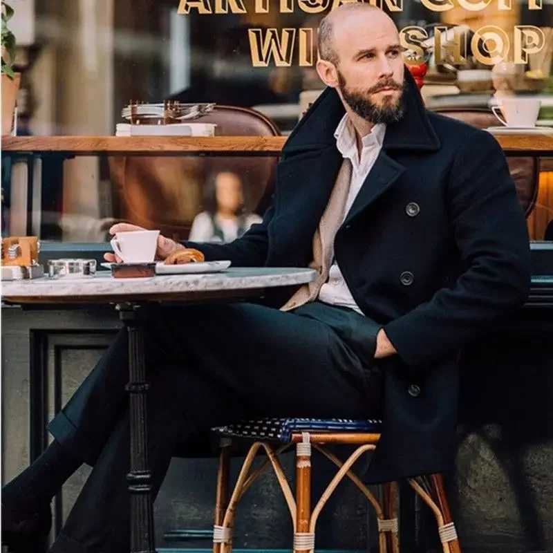 New Mens Peacoat Long-sleeved Tweed Coat Autumn and Winter Fashion Solid Color Long Overcoats Large Size Mens Jackets XJ250809