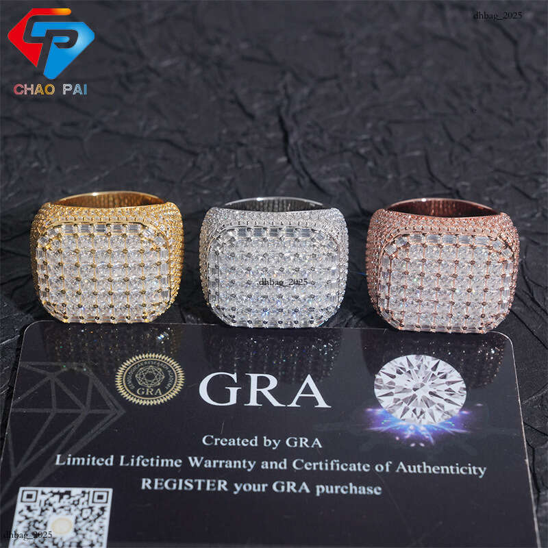ICED OUT Men's Hip-Hop Princess Cut Moissanite Ring Silver Real Gold Plating
