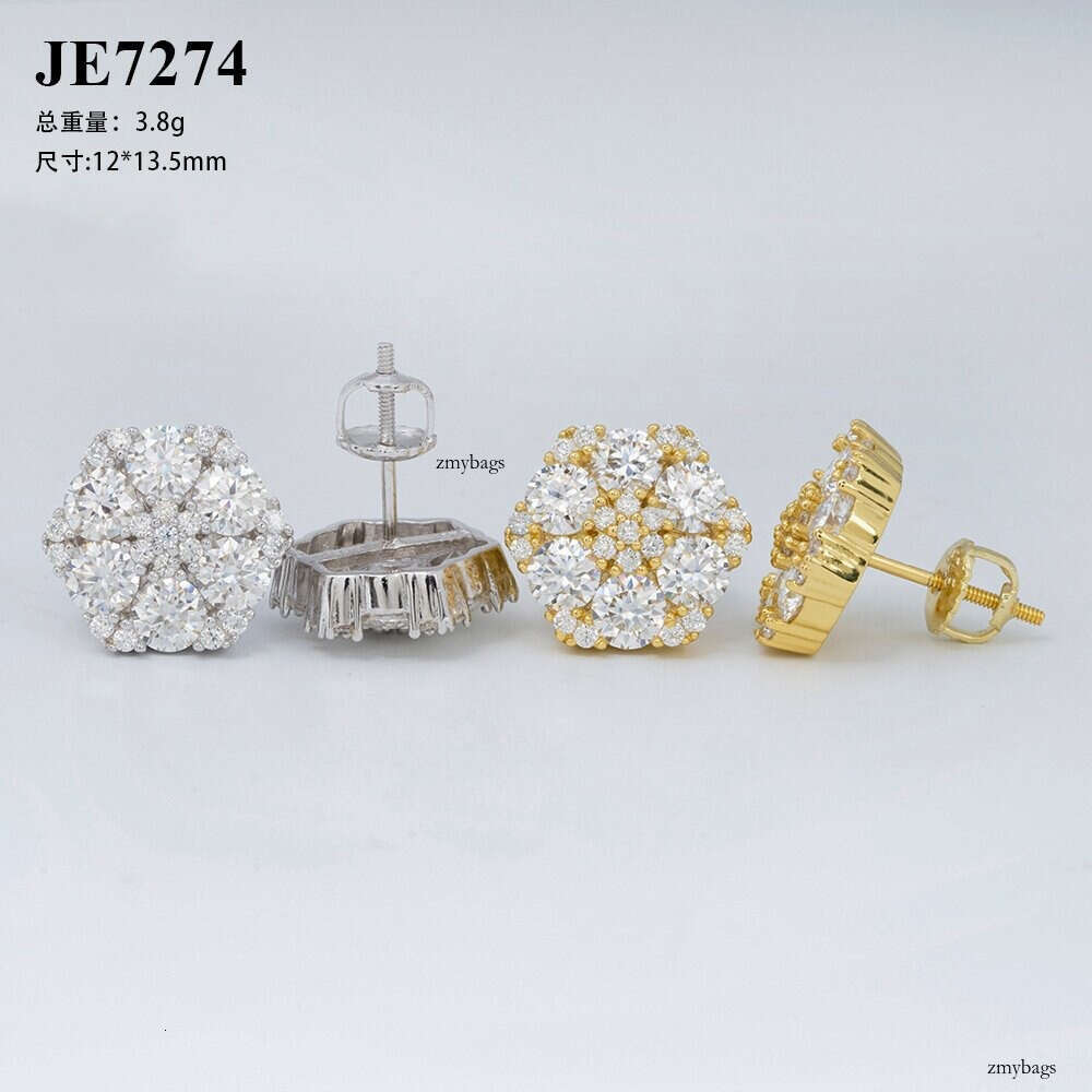 INS New Iced Out VVS Inlaid Moissanite Hexagonal Flower 13.5mm Stud Earrings