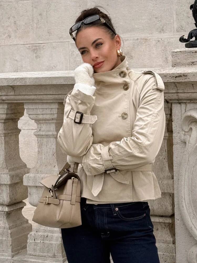 Spring Double Breasted Trench Coat With Belts Women Elegant Stand Collar Long Sleeve Jacket Office Lady Windbreaker Street Tops