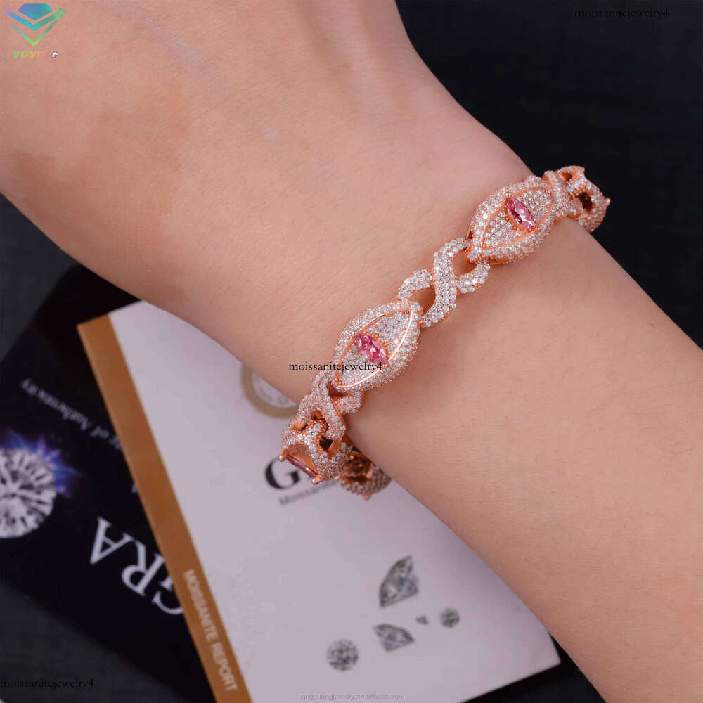 Fashion Hip Hop Jewelry Iced Out 15mm Sterling Sier Pink Marquise Moissanite Evil Eyes Cuban Bracelet