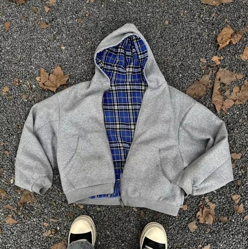 2025 Autumn Shoulder-fall Striped Reversible Two-wear Cardigan Hoodie Blue Plaid Pattern Classic Jacket Men Loose Trend New Top dongdumaoyi