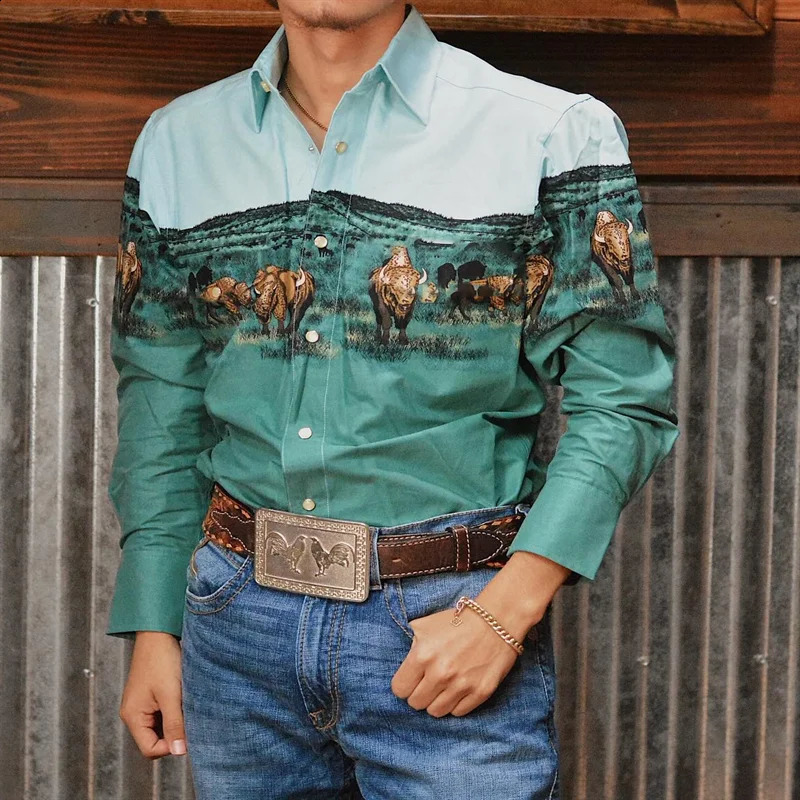 2024 Mens Long Sleeve Western Denim Shirt Outdoor Casual Party HD Pattern Soft and Comfortable Button Lapel Tshir 250805