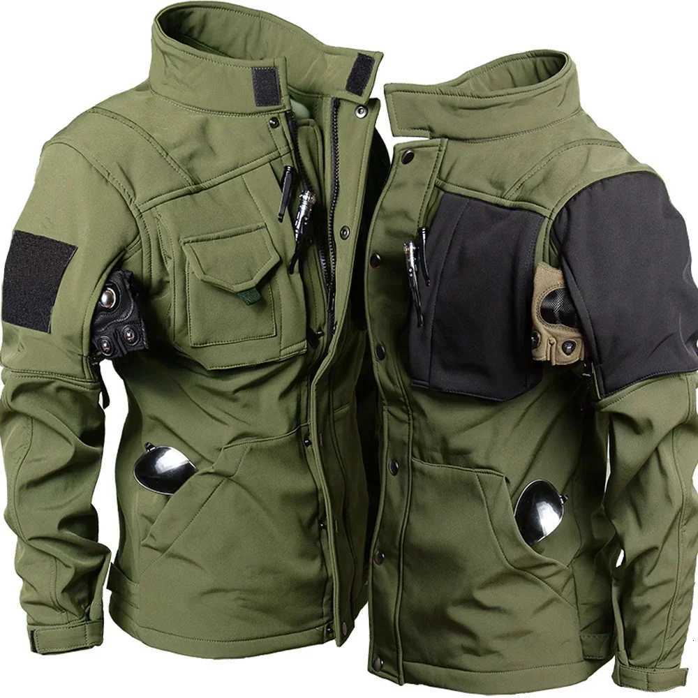 Winter Fleece Jacket Men Riding Outdoor Motorcycle Coats Tactical Multi-pocket Soft Shell Waterproof Windproof Warm Shark Skin W250809
