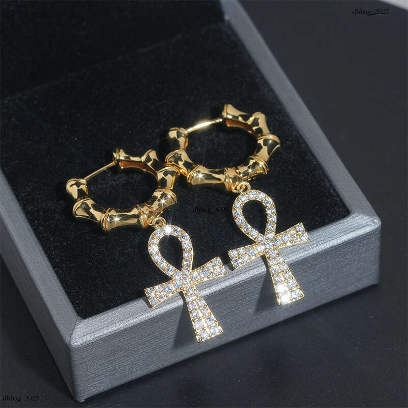 ICED OUT Sier Inlaid Zircon Cross Earrings Personality Studs Hip Hop