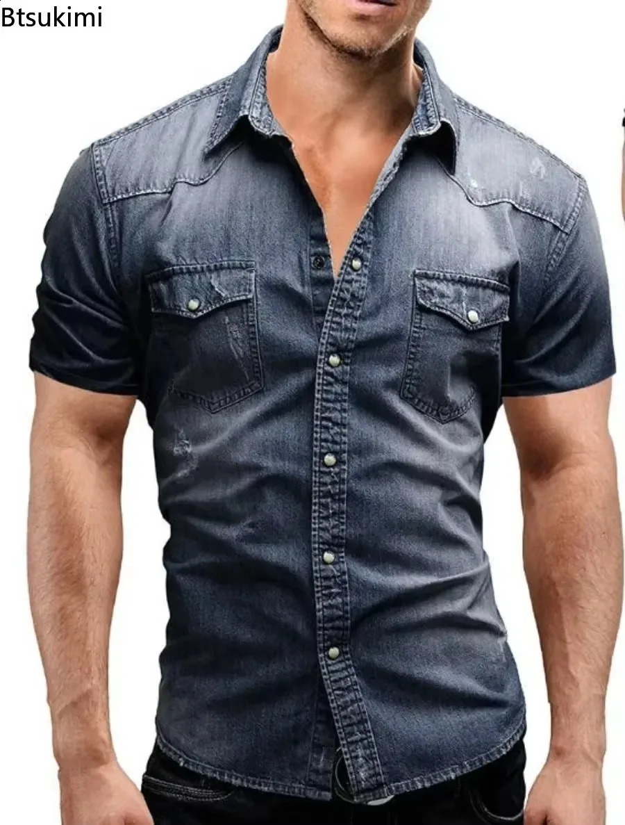 2025 Mens Elastic Slim Denim Shirts High Quality Short Sleeve Casual Cotton Jean Spring Summer Fashion Men Clothing 250805