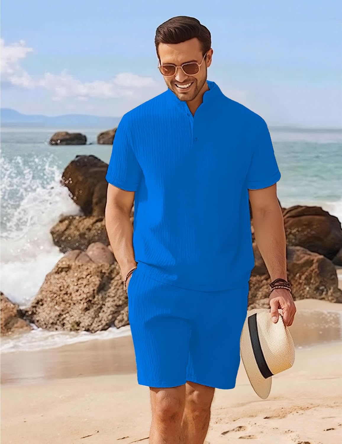 Men's Summer Beach Outfits 2 Piece Vintage Short Sleeve Henley Shirts and Shorts Vacation Texture Sets for Men