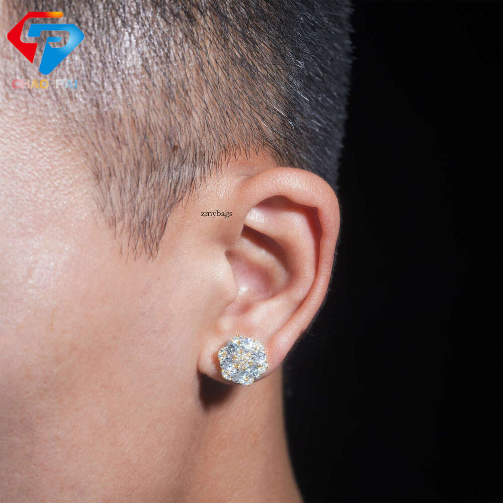 INS New Iced Out VVS Inlaid Moissanite Hexagonal Flower 13.5mm Stud Earrings