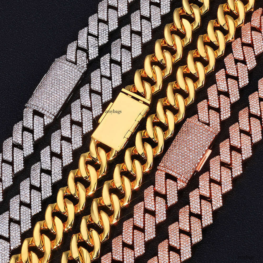 Hip-Hop Moissanite chain 15mm Flip Clasp Four-Row Inlaid Dia Rhombus Cuban Chain Jewelry Men's Necklace