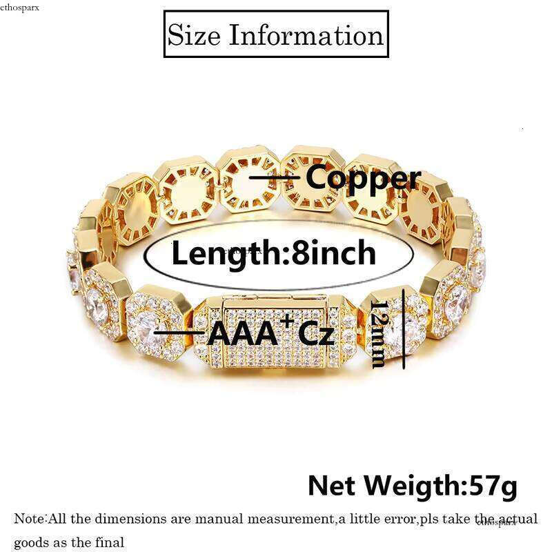 12mm Iced Out Hip Hop Square Bracelets CZ Dia Gold Men Clustered Tennis Bracelet