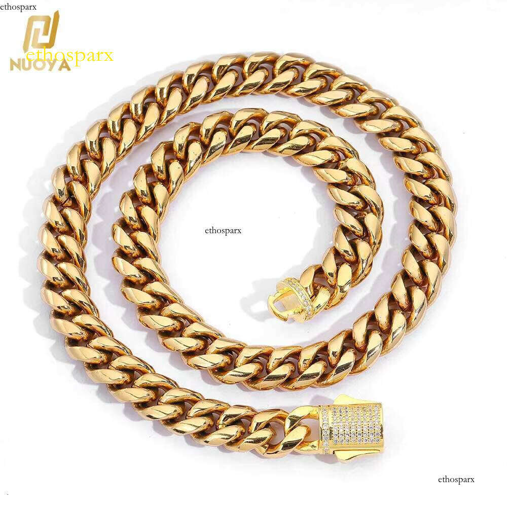 Nuoya 8/10/12mm Stainless Steel Cuban Link Iced Out Clasp Gold Plated Curb Chain Necklace