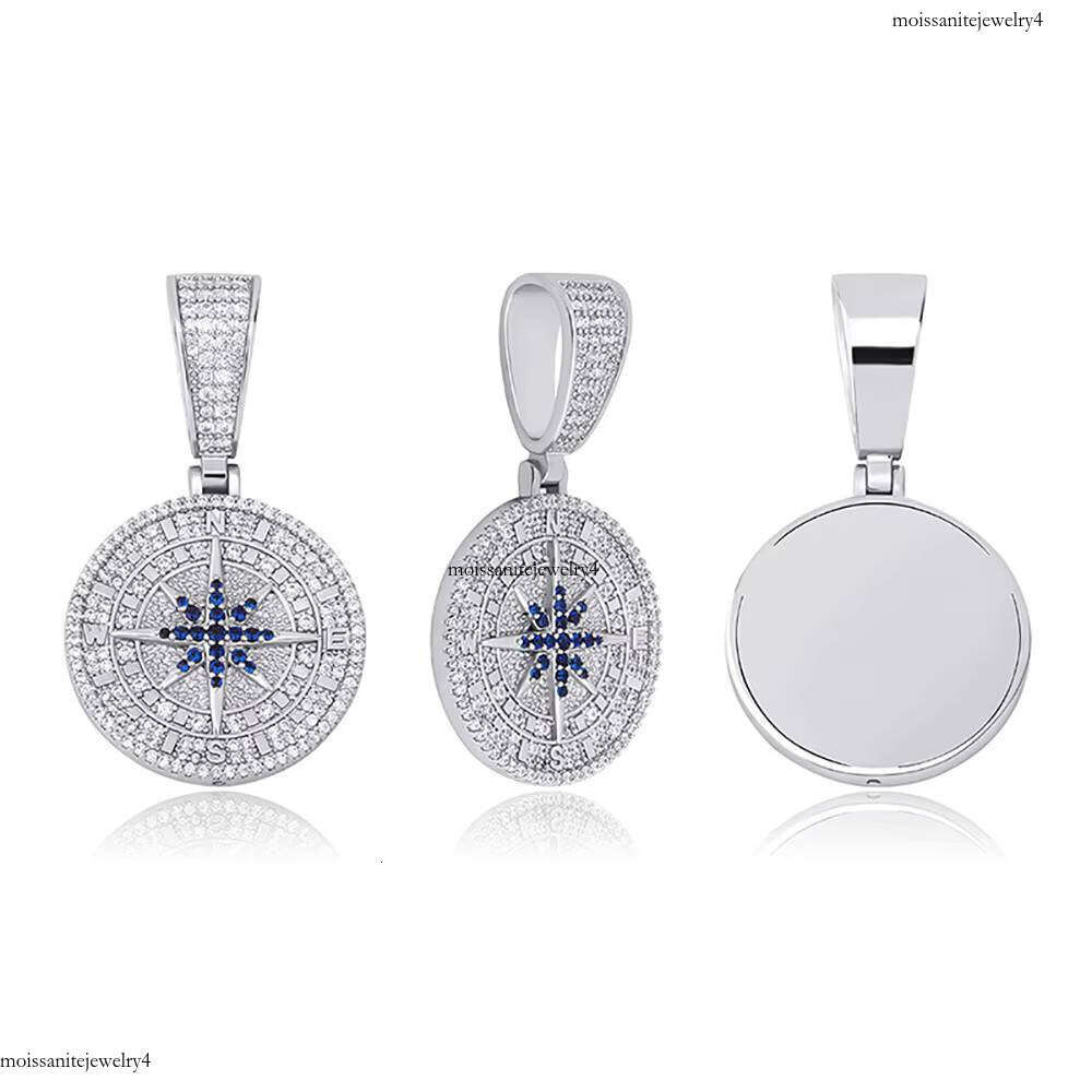NUOYA Full Iced Out Dia Coin White Gold Plated Brass Micro Pave Blue Zircon Compass Charm Pendant