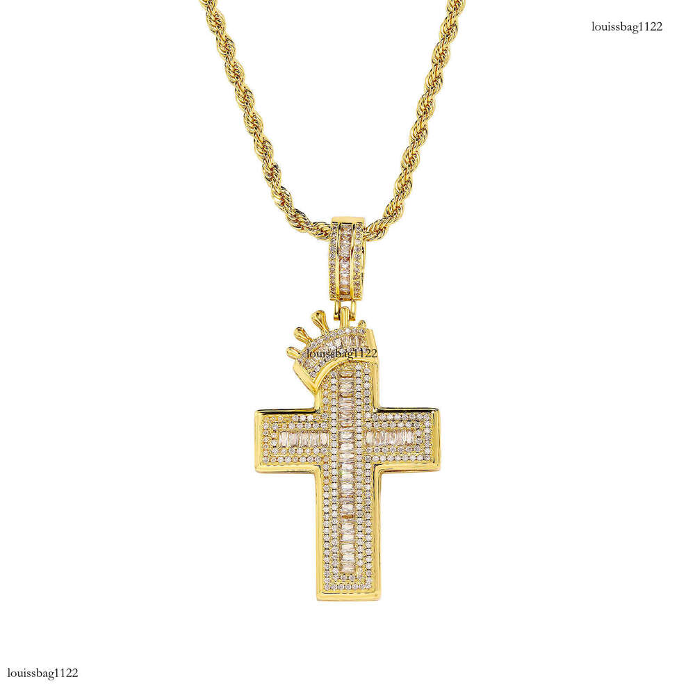 Hip Hop Crown Cross Shape Inlaid Dia Pendant Necklace Fashion Trend Unisex Cable Knit Sweater Chain