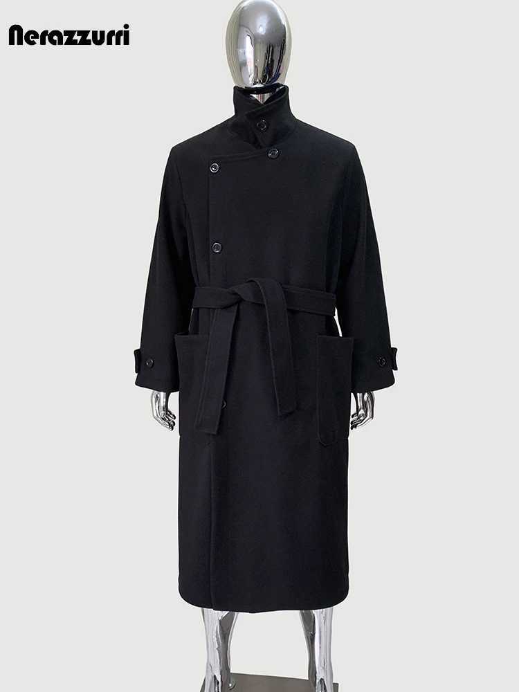 Nerazzurri Spring Autumn Winter Long Thick Soft Warm Black Wool Blends Coat Men Sashes Luxury Elegant Chic Woolen Overcoat 2025 XJ250809
