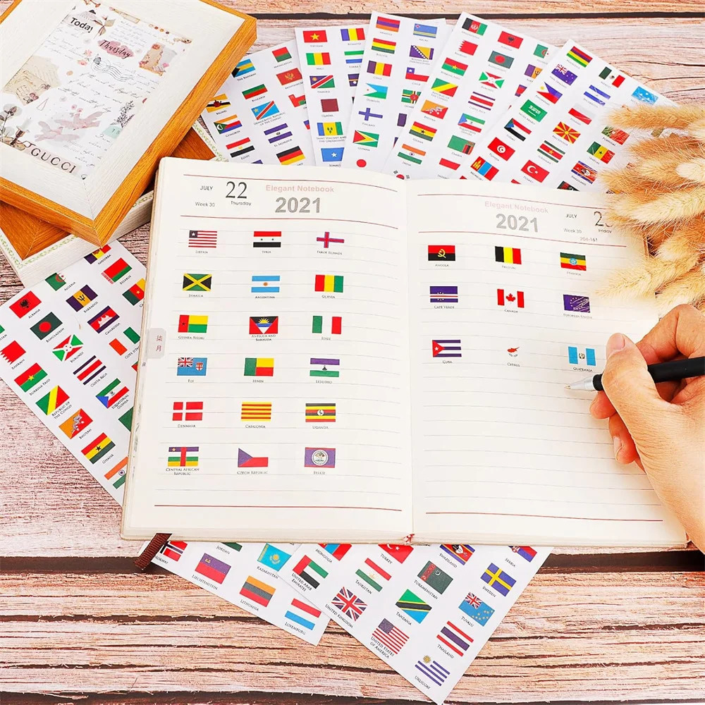 192 Countries World Flag Stickers Self-Adhesive World Country Travel Labels Face Stickers for Journal Party 6 Sheets 250804