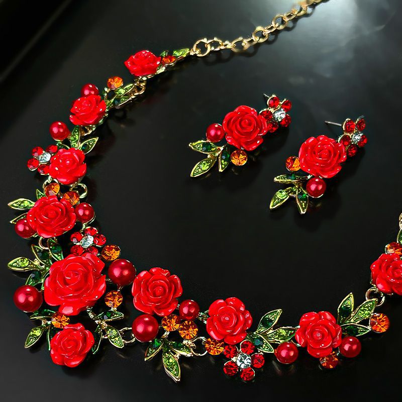 2025 Summer Forest Garden Style Dainty Sweet Floral Leaf Rhinestone Faux Pearl Necklace Earring Set Fresh Charming Jewelry for Women
