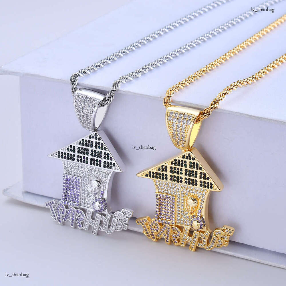 Trendy House Micro-Inlaid Colorful Moissanite chain Necklace TrapHouse Pendant Hip-Hop Accessories