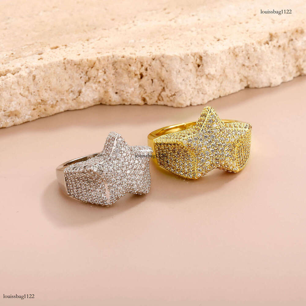 Hip Hop Full Diamond Pentagram Sterling Silver Gold Plated Street Style Personality Fashion Trendy Men's Versatile Ring
