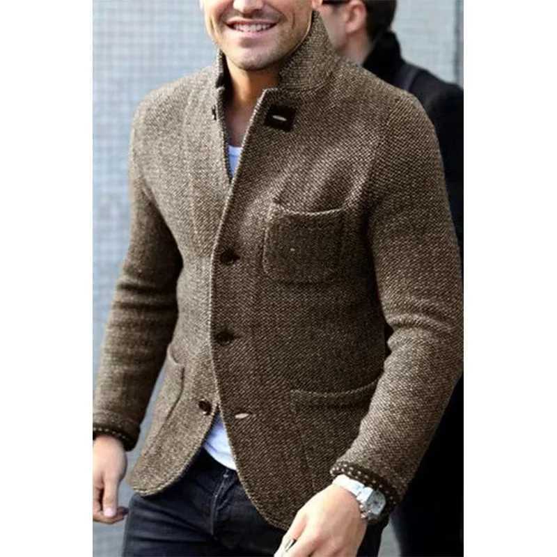 Mens Pocket Single-Breasted Cardigan Suit Coat Autumn Winter Woolen Coat Men Long Sleeve Stand-up Collar Slim Fit Sweater Coat XJ250809