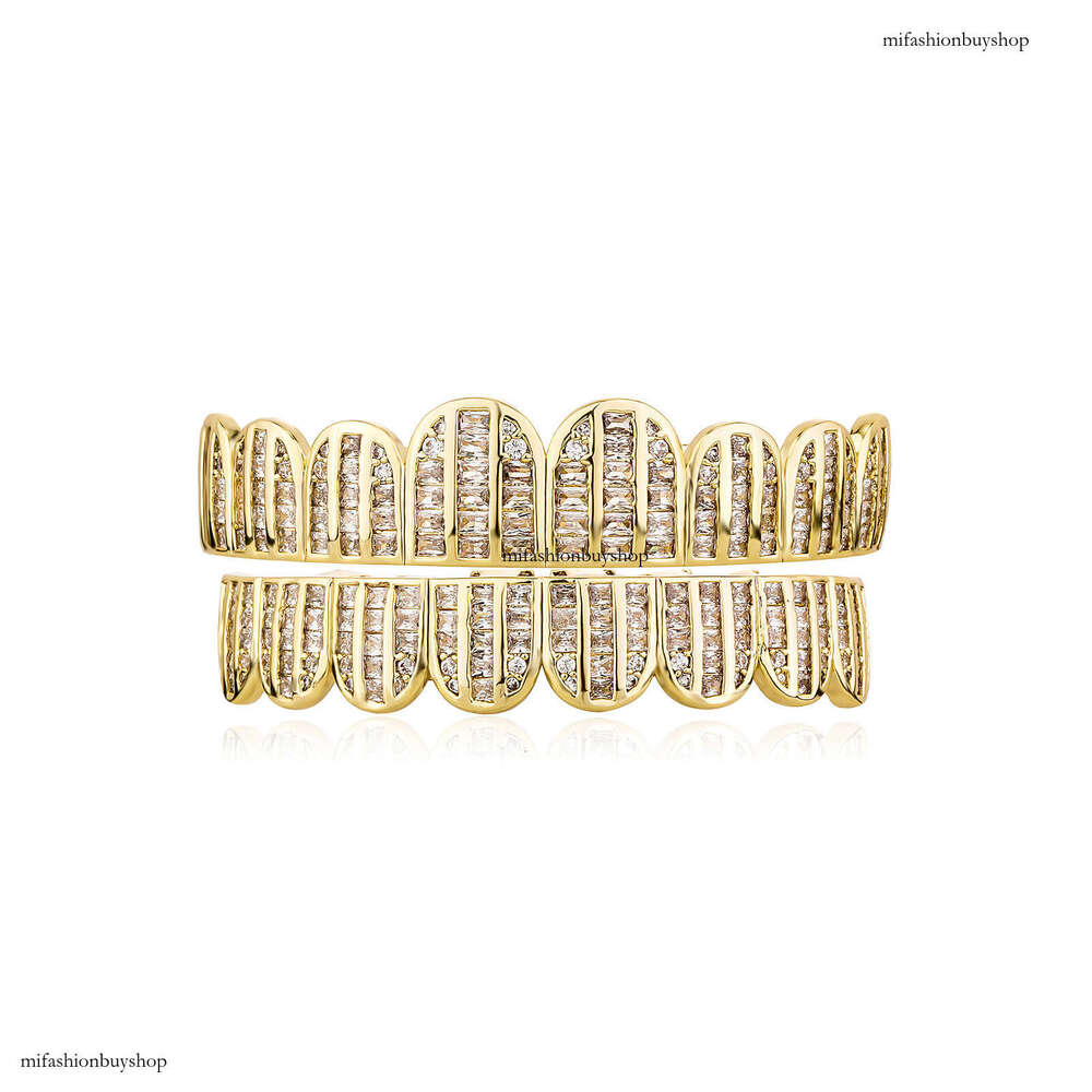 Gold-Plated Square Zircon Full Dia Micro-Inlaid Large Gold Teeth Unisex Hip-Hop Accessories