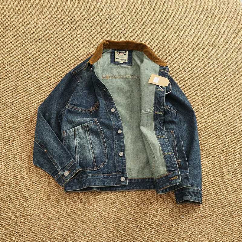 Spring New American Retro Heavyweight Neckline Contrast Color Corduroy Washed Old Cargo Denim Jacket Mens Lapel Casual Coat W250809