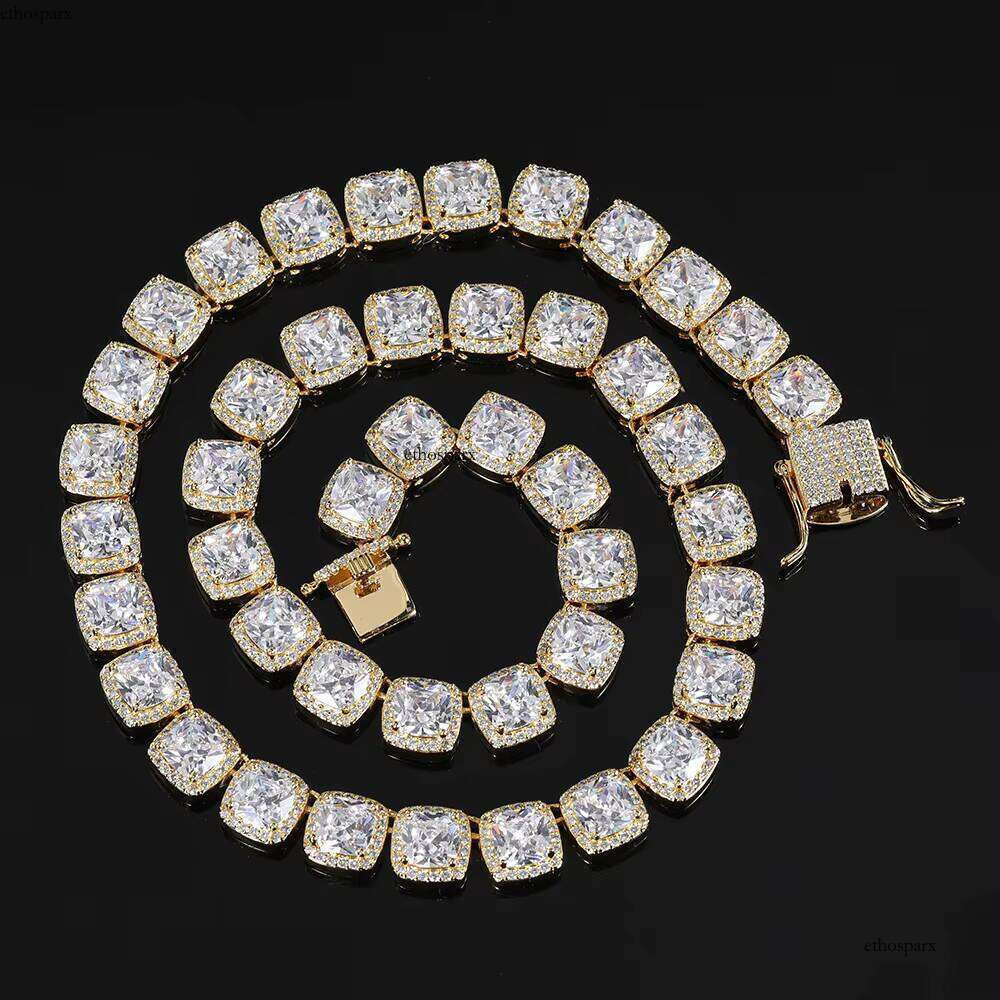 10mm Iced Out Bling Chain Hip Hop Jewelry Men Geometric Square CZ Cluster Tennis Necklace