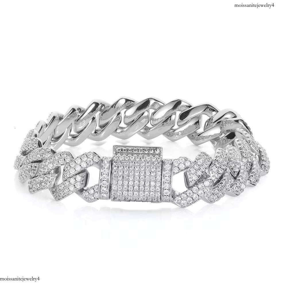 14MM Hip Hop Sterling Sier Cuban Link Chain Bracelet Iced Out Moissanite Can Pass Dia Test Fine Jewelry for Men Women