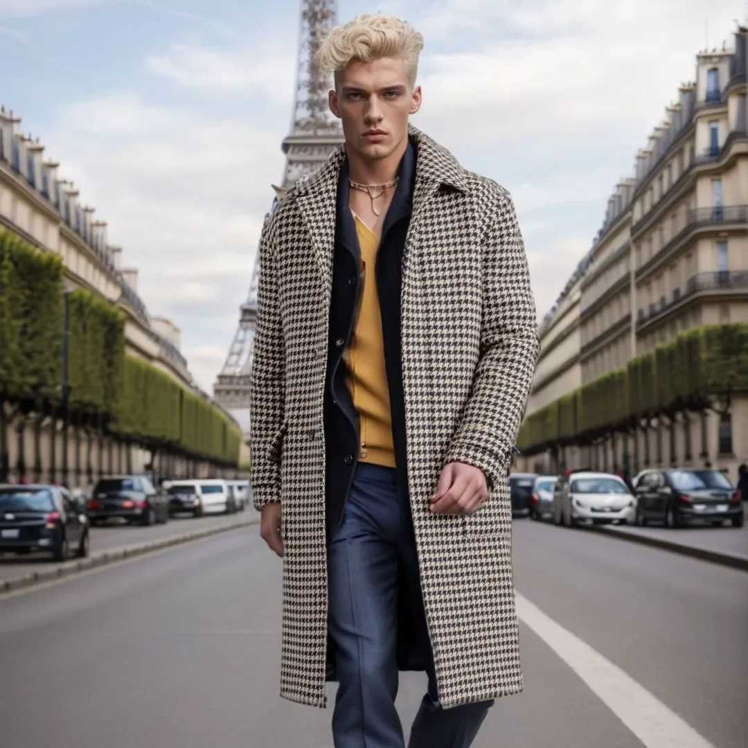 Men Fashion Autumn Winter Woolen Overcoat Long Jackets Male Handsome Single Breasted Thickening Belt Solid Plaid Mens Coat XJ250809
