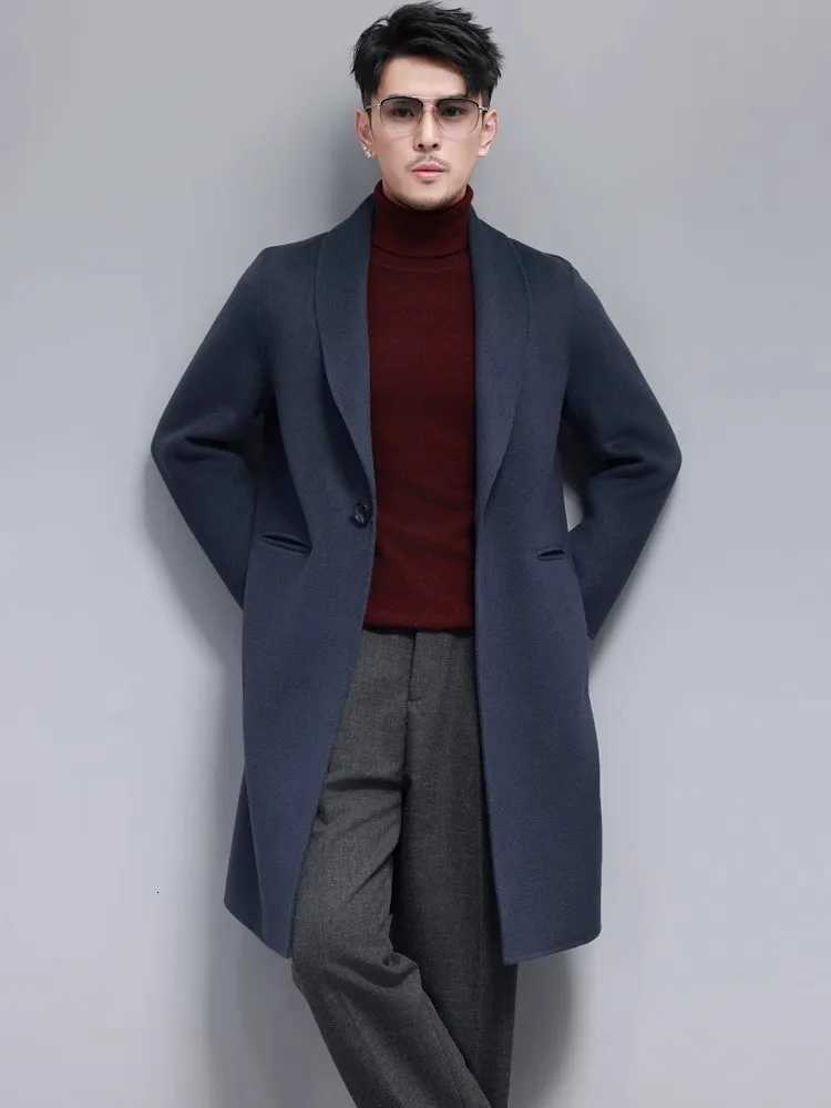 Autumn Winter Mens Business Work Long Woolen Blends Coat Slim Fit Handmade 100% Wool Trench Casual One Button Windbreaker Coats XJ250809