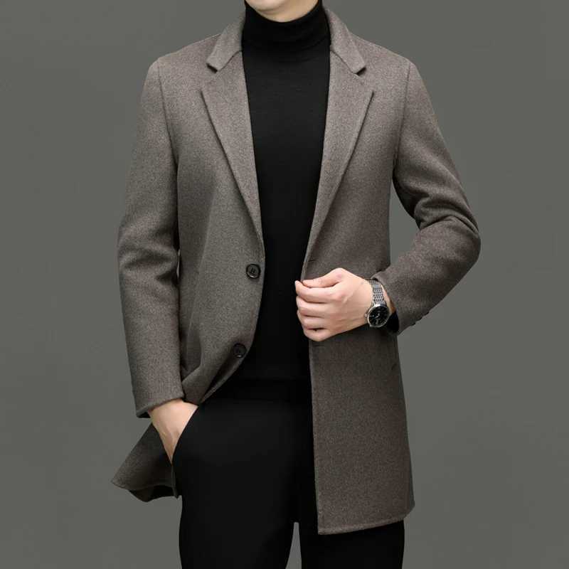 Quiet Luxury Mens Double-Faced Wool Overcoat Hand Sewn Coat Black Coffee Gray Coffee Woolen Attire Old Money Style Outfits 2025 XJ250809