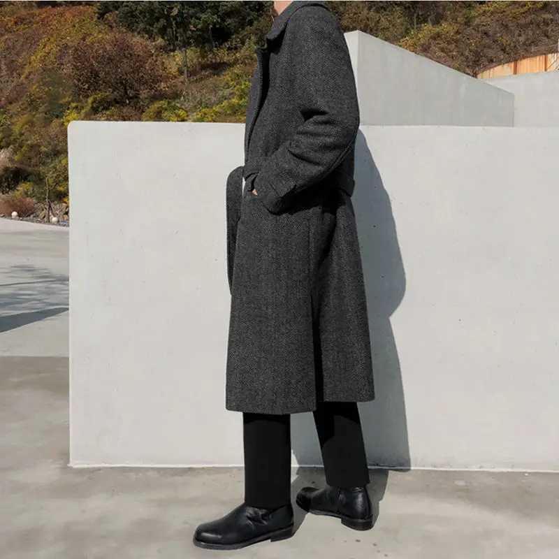 Gmiixder Winter Thickened Woolen Coat Mens Korean Elegant Over-the-knee Mid-length Windbreaker Loose Herringbone Woolen Jacket XJ250809