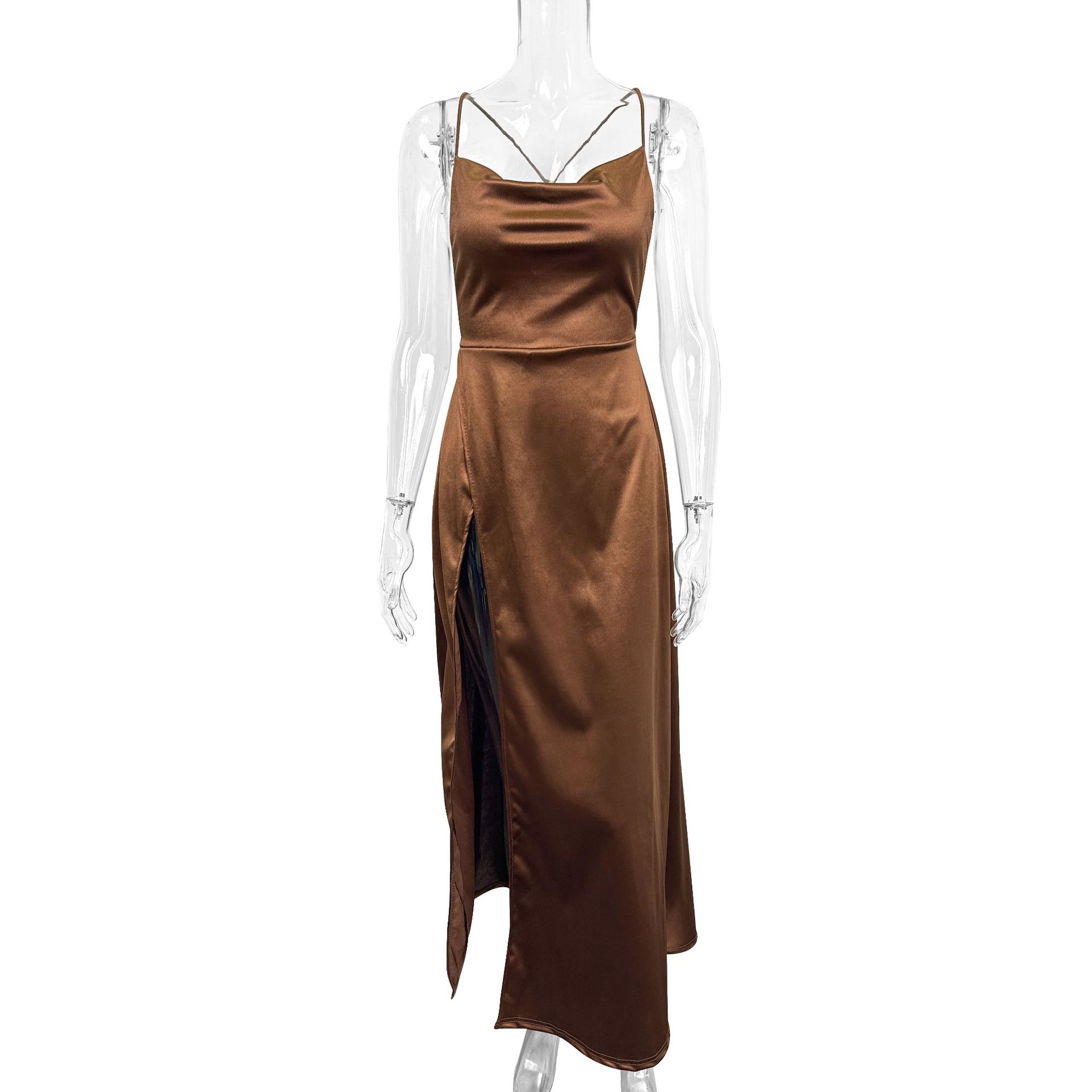 H82New sexy slit slim backless dress fashionable suspender dress long skirt