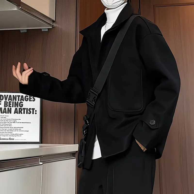 Korean Fashion Mens Wool Blend Coat Single Breasted Pea Coat Trench Overcoat XJ250809