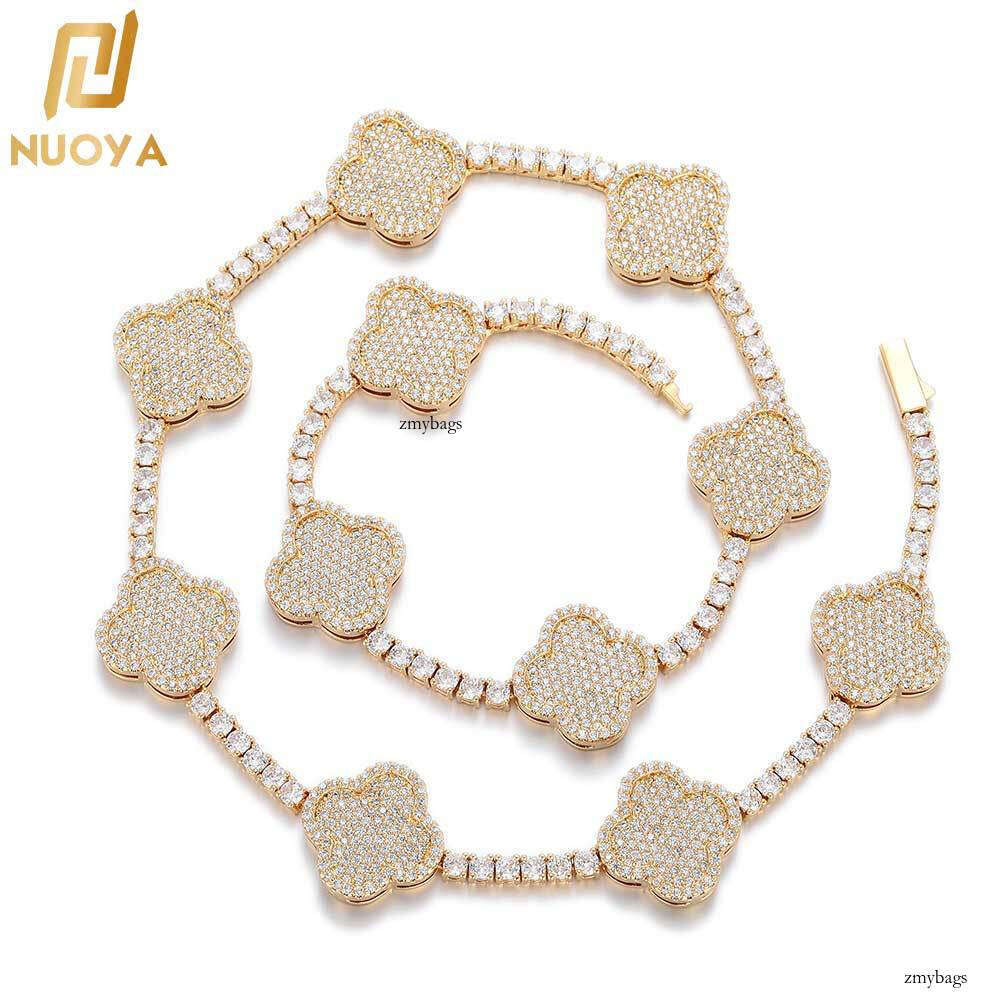 Hip Hop Spring Buckle Four-Leaf Clover Tennis Chain Moissanite chain High-End Versatile Men's Necklace