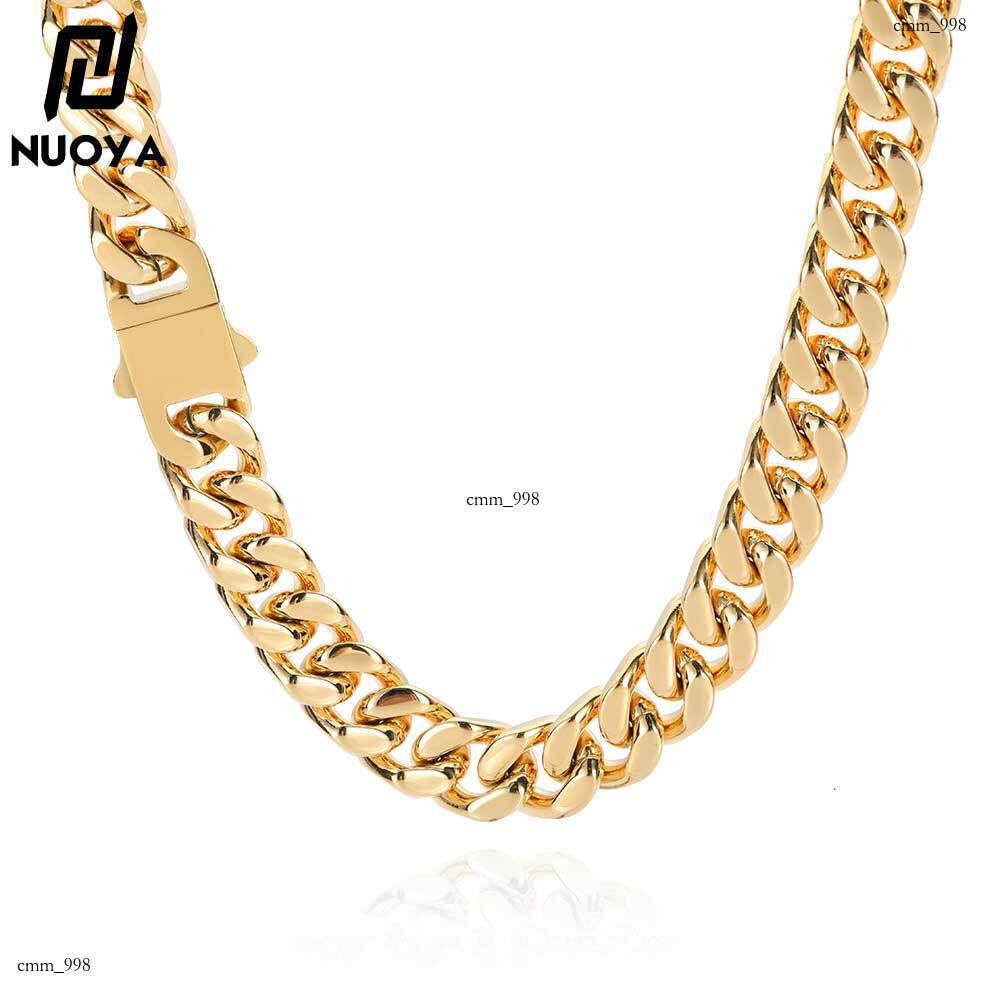 Stainless Smooth Buckle Encrypted Four-Sided Polished Cuban Real Gold Plated Hip-Hop Titanium Steel Men's Necklace