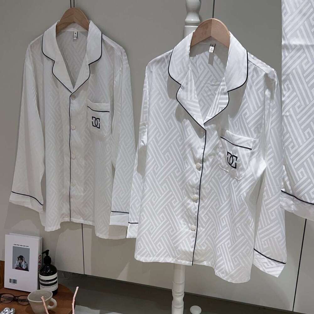 Spring Autumn Couple Pajamas Set Women, Long Sleeve Ice Silk Embroidered Jacquard Waffle Solid Color Thin Homewear For Men And Women